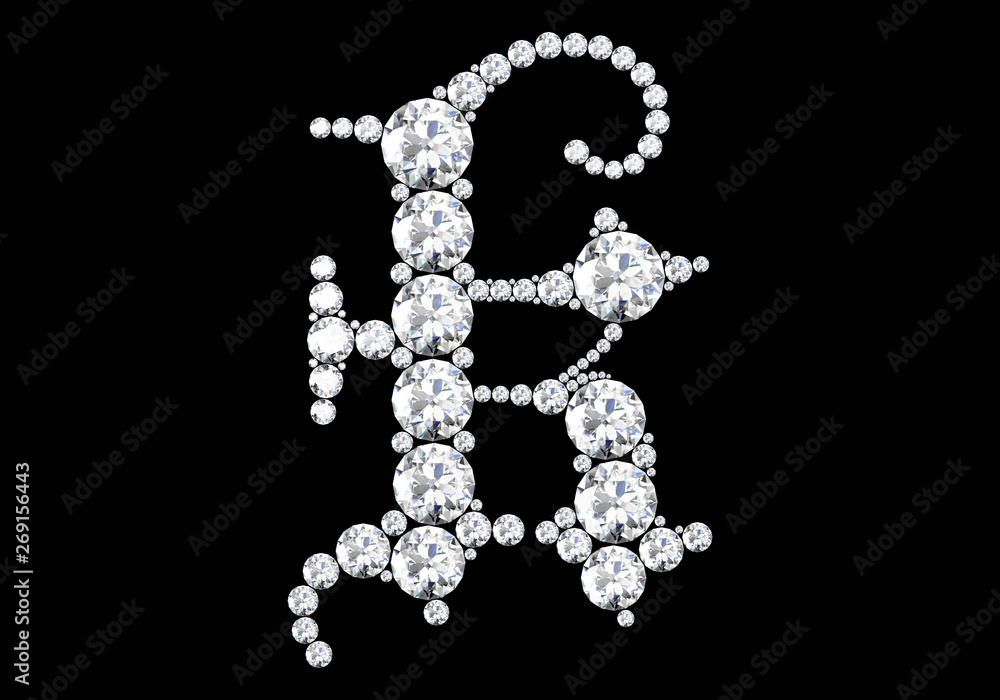Diamond letters with gemstones isolated on black.3D rendering Diamond letters with gemstones isolated on black.3D rendering