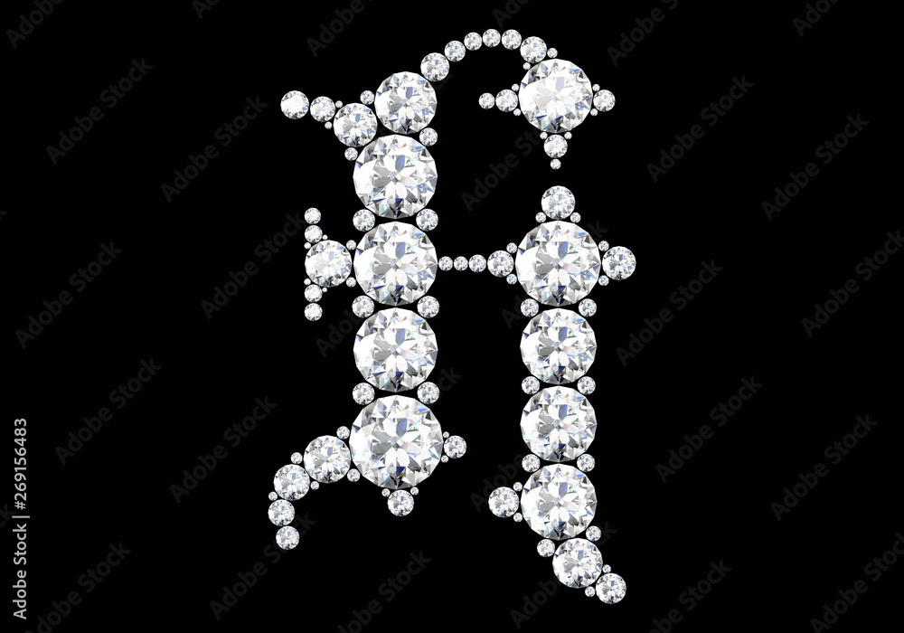 Diamond letters with gemstones isolated on black.3D rendering Diamond letters with gemstones isolated on black.3D rendering