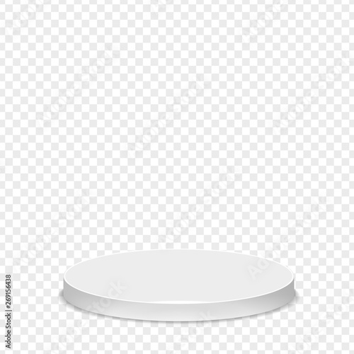 Realistic round white pedestal sanctified. Empty white podium mockup isolated on transparent background. Champion, first place, award, win, winner, award stair concept design. Vector