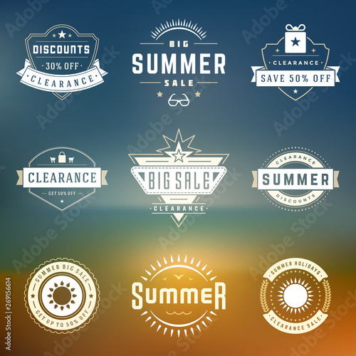Summer season sale badges and tags design vector retro set