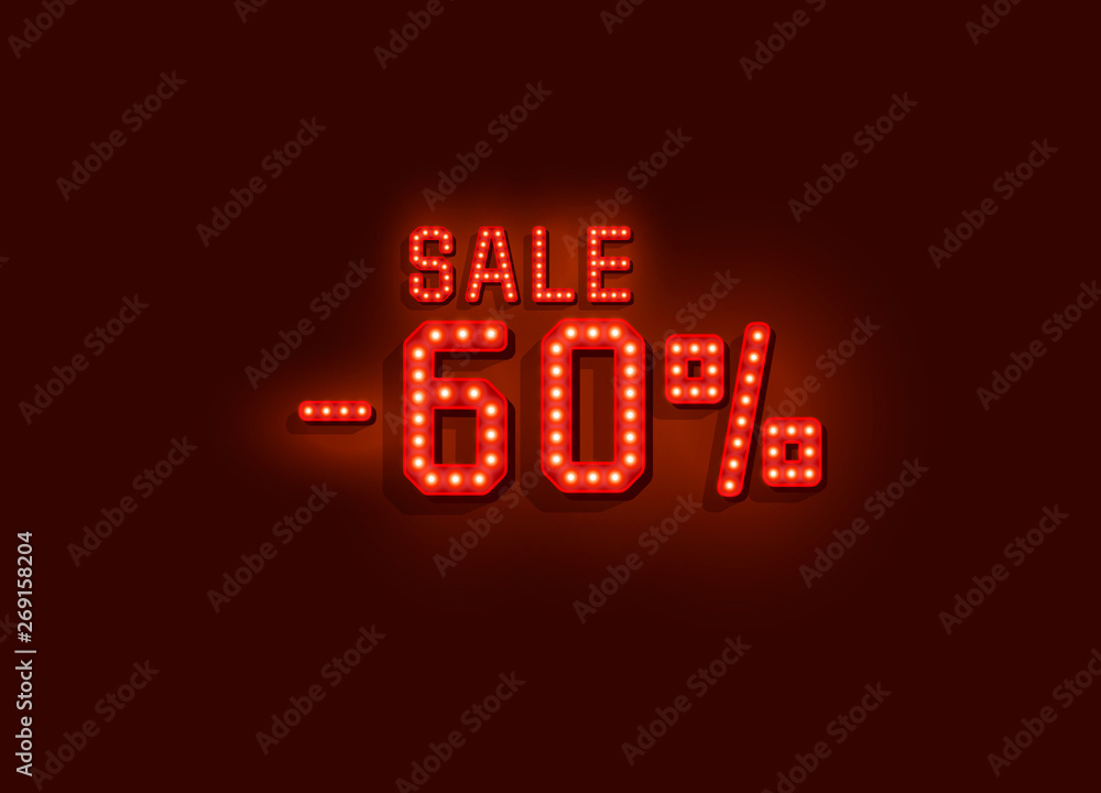 Neon 60 sale text banner. Night Sign. Vector