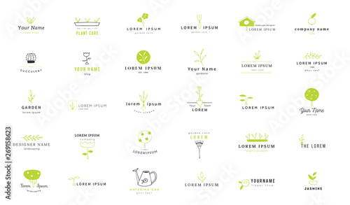 Vector garden logo templates set. Hand drawn colored isolated elements.