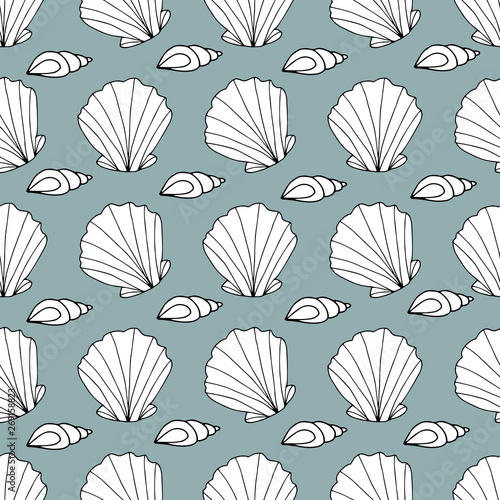 Zentangle stylized seashell and other sea inhabitants seamless pattern. Hand drawn aquatic doodle illustration
