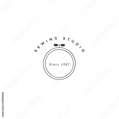 Vector logo template with hand drawn cross stitch hoop. Handmade and embroidery theme.
