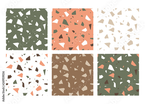 Vector paper cut handcrafted colorful textures. Terrazzo flooring effect, set of abstract seamless patterns.