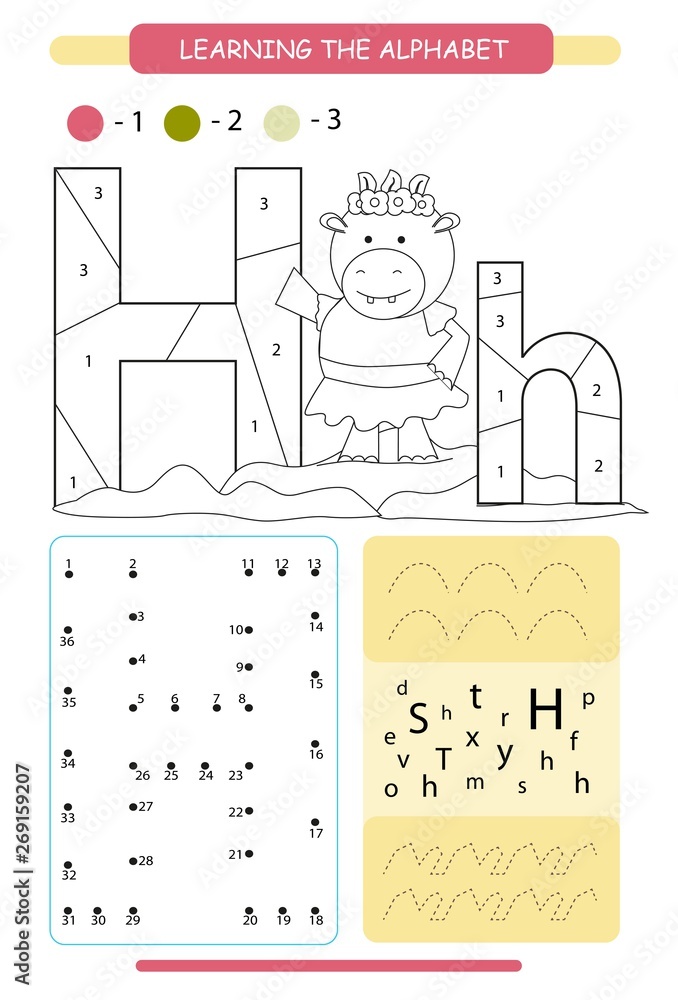 Letter H and funny cartoon hippopotamus. Animals alphabet a-z. Coloring ...
