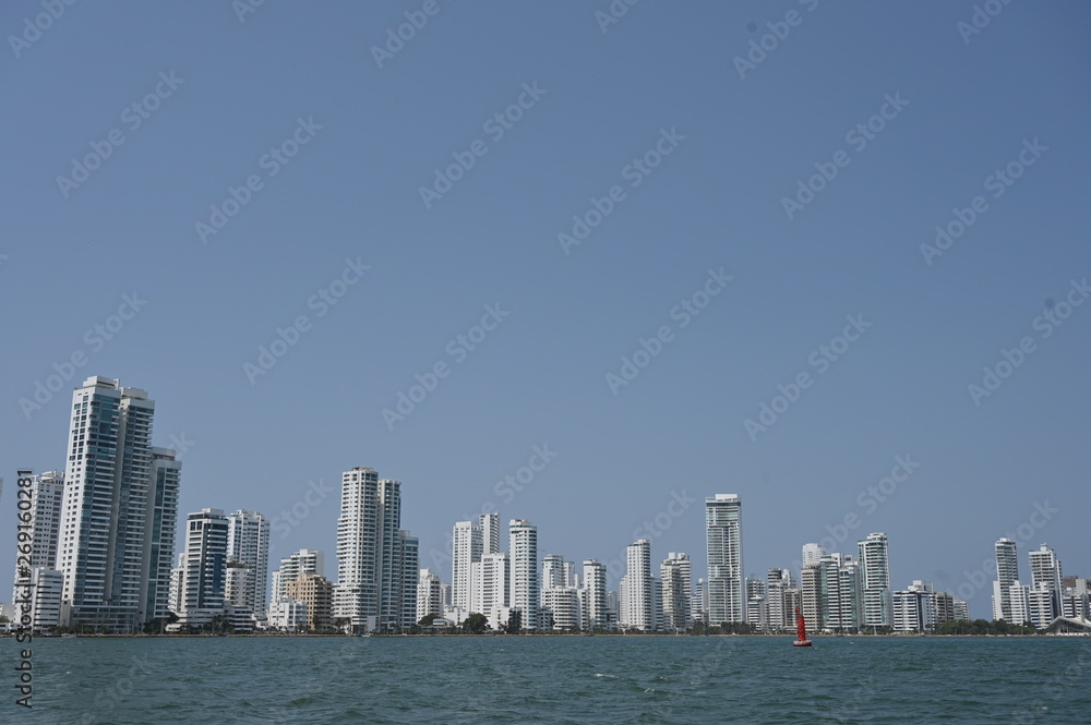 Condo skyscrapers at the harbor of tourism hotspot Cartagena, Colombia