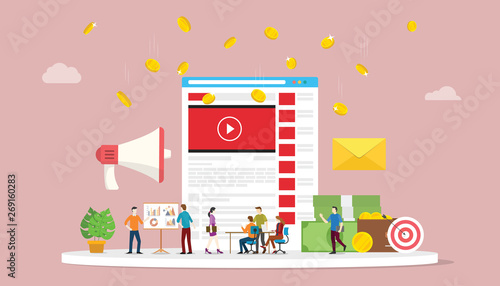video marketing campaign concept with social media team business marketing with modern style - vector
