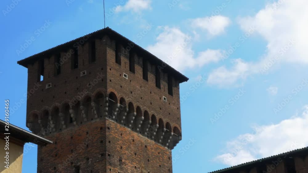 Tower of the Castello Sforzesco in front of blue sky. Tower of the Castello Sforzesco in front of blue sky.