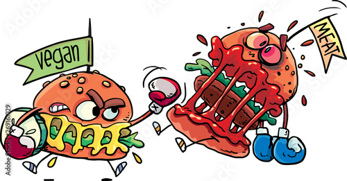 boxing match between a vegan hamburger and a classic hamburger with meat