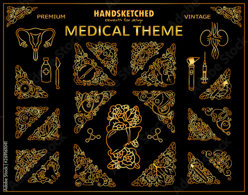 Vector vintage corners, triangles in premium gold style. Doctor, medicine, anatomy theme tiny arts, signs and symbols for design. Cute sketch arts for logo, greeting cards, medical jewelry design