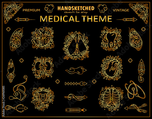 Vector vintage arts in premium gold style. Doctor, medicine, anatomy theme signs and symbols for design. Cute sketch arts for logo, doctors tattoo, greeting cards, medical jewelry design