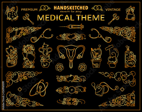 Vector vintage arts in premium gold style. Doctor, medicine, anatomy theme signs and symbols for design.  Sketch arts with stethoscope, uterus, teeth and more, doctors tattoo, medical jewelry design