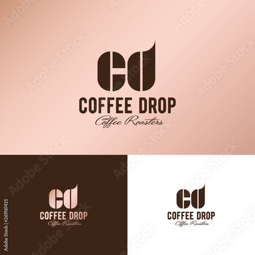 Coffee Drop logo. Cafe emblem on a different backgrounds. C and D monogram like coffee drop and bean of coffee.