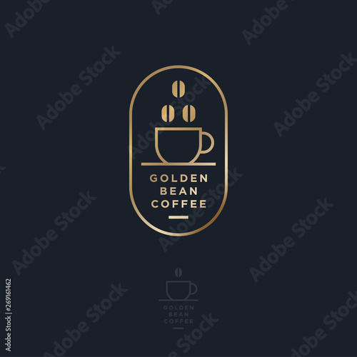 Golden Bean Coffee logo. Coffee emblem. Cup, coffee beans and letters in a rounded frame. Emblem like a stamp. Business card.