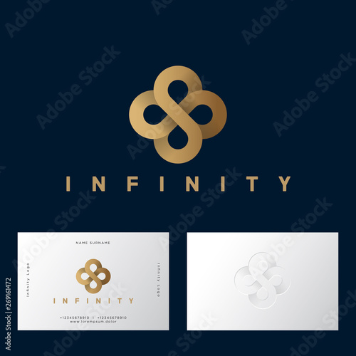 Gold flower celtic ornament like infinity from gold ribbon. Infinity logo on dark-purple background. Business card. Identity.