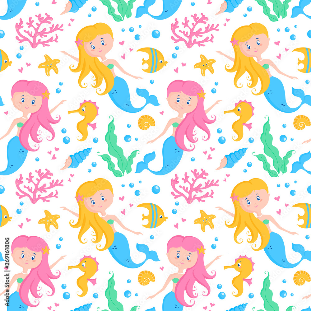 Seamless pattern with cute mermaids. Undersea vector background. Seamless pattern with cute mermaids. Undersea vector background.