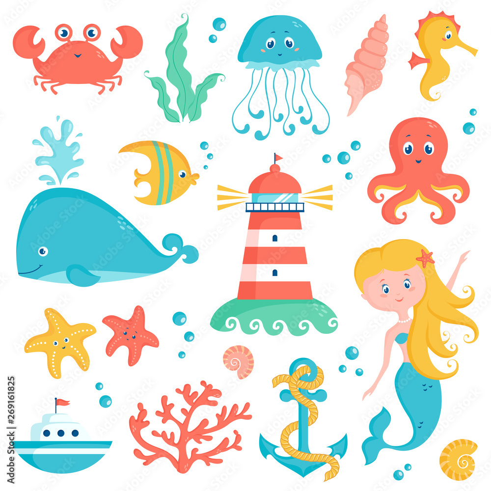 Sea and nautical illustration set. Cute vector collection.