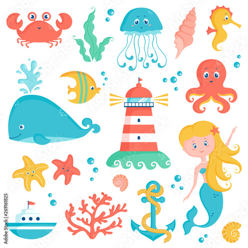 Sea and nautical illustration set. Cute vector collection.