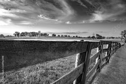 Wooden rail fence in Kentucky bluegrass region BW photo