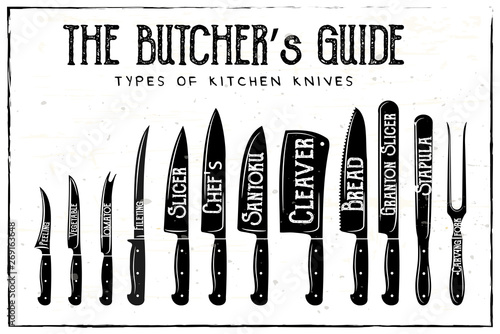 The Butcher's Guide - Type of Knives vector retro illustration