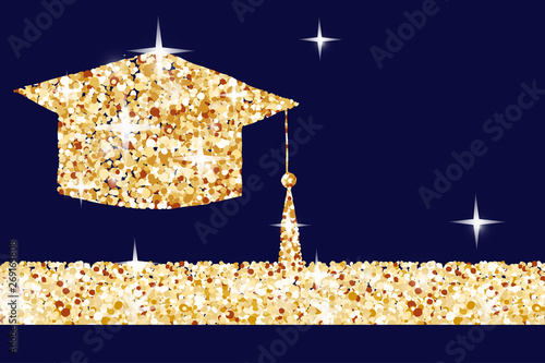 Golden graduation cap horizontal banner, gold college student icon made of golden glitter dust on dark blue background. Vector.