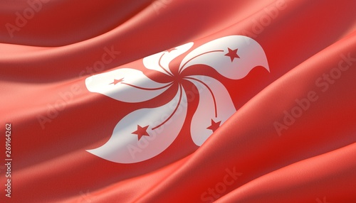 Waved highly detailed close-up flag of Hong Kong. 3D illustration.