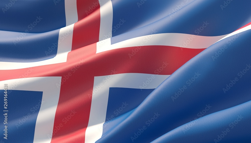 Fototapeta premium Waved highly detailed close-up flag of Iceland. 3D illustration.