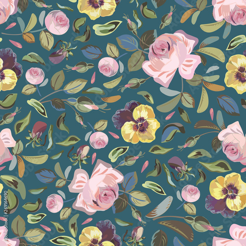 Blue pattern with pansy and dove.