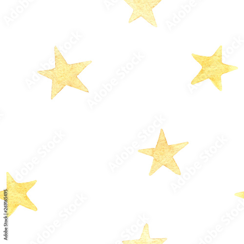 hand painted gold watercolor simple stars. Seamless pattern.