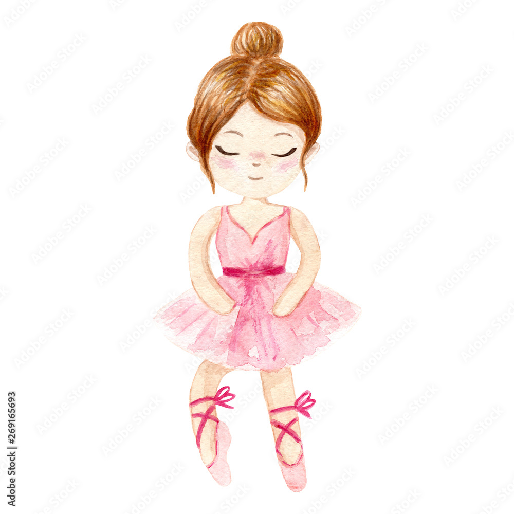Watercolor ballerina. Hand painted illustration isolated on white background. Character ballerinas for children's design Watercolor ballerina. Hand painted illustration isolated on white background. Character ballerinas for children's design