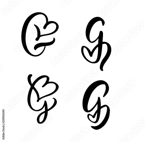 Vector Set of Vintage floral letter monogram G. Calligraphy element Valentine flourish. Hand drawn heart sign for page decoration and design illustration. Love wedding card for invitation