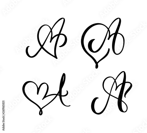 Vector Set of Vintage floral letter monogram A. Calligraphy element Valentine flourish. Hand drawn heart sign for page decoration and design illustration. Love wedding card for invitation