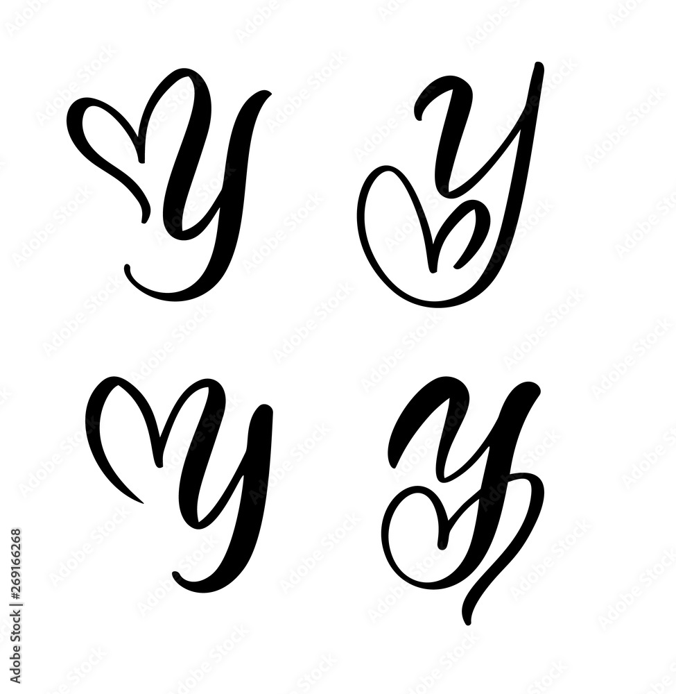 Vector Set of Vintage floral letter monogram Y. Calligraphy element Valentine flourish. Hand drawn heart sign for page decoration and design illustration. Love wedding card for invitation - obrazy, fototapety, plakaty 