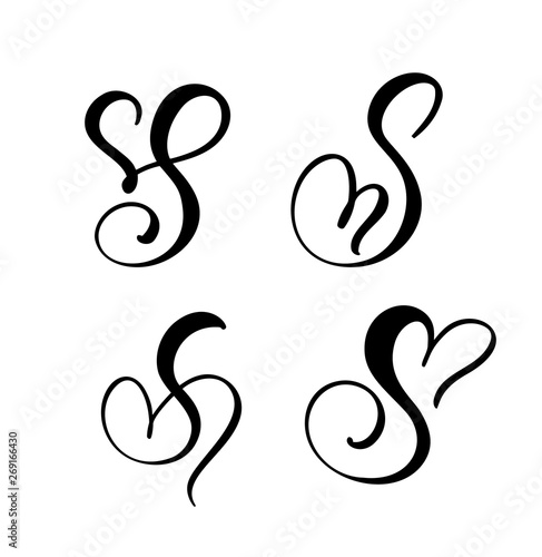 Vector Set of Vintage floral letter monogram S. Calligraphy element Valentine flourish. Hand drawn heart sign for page decoration and design illustration. Love wedding card for invitation