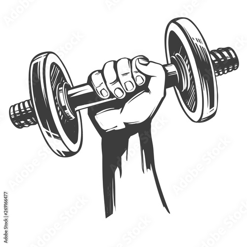 arm, strong hand holding a dumbbell, icon cartoon hand drawn vector illustration sketch