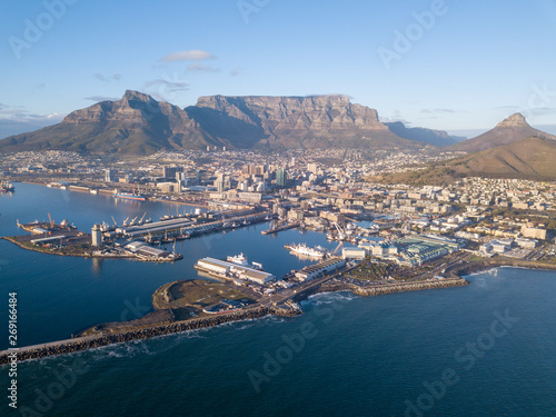 Aerial view over Cape Town, South Africa with Table Mountain