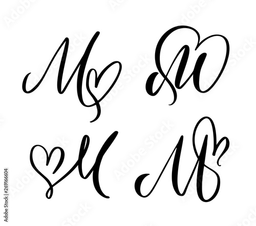 Vector Set of Vintage floral letter monogram M. Calligraphy element Valentine flourish. Hand drawn heart sign for page decoration and design illustration. Love wedding card for invitation