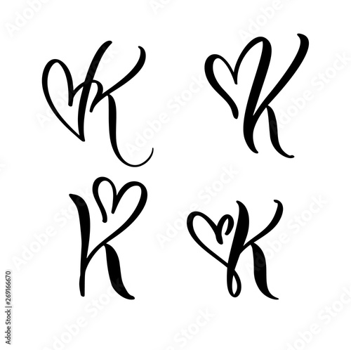 Vector Set of Vintage floral letter monogram K. Calligraphy element Valentine flourish. Hand drawn heart sign for page decoration and design illustration. Love wedding card for invitation