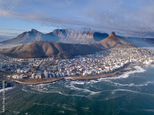 Aerial view over Cape Town, South Africa with Table Mountain
