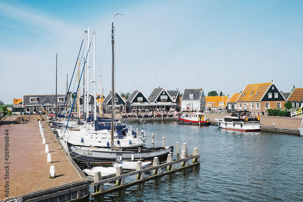 Marken, Netherlands - May 14, 2019: Marken marina on a sunny day