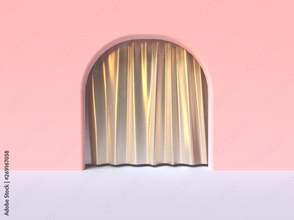 pink wall white floor abstract curve door white metallic curtain close 3d rendering pink wall white floor abstract curve door white metallic curtain close 3d rendering