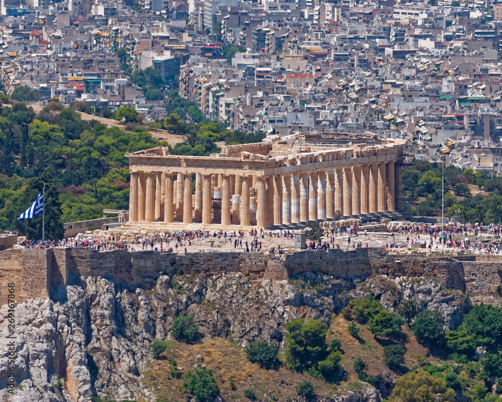 Parthenon ancient temple on acropolis of Athens Greece, northern aerial view
