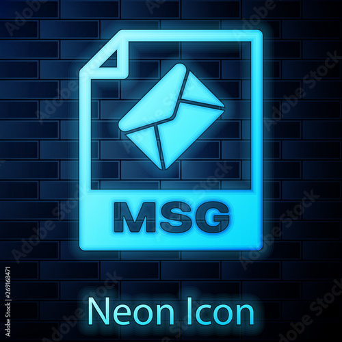 Glowing neon MSG file document icon. Download msg button icon isolated on brick wall background. MSG file symbol. Vector Illustration