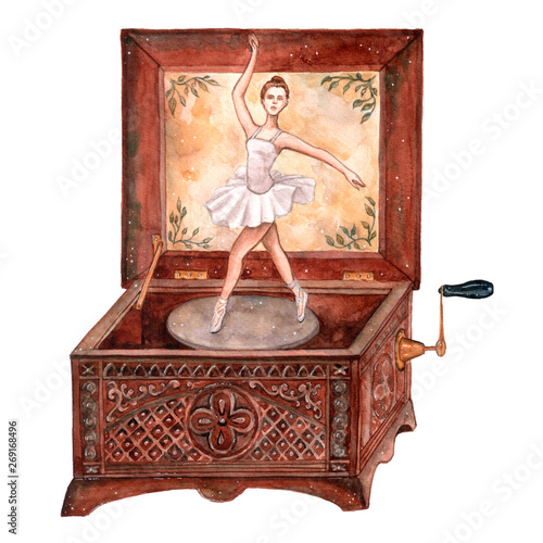Watercolor illustration of music box with ballerina