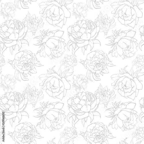 Watercolor seamless pattern illustration of outline peony flower