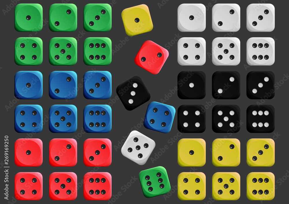 Set of green, blue, red, yellow, white, black dices. Front view Set of green, blue, red, yellow, white, black dices. Front view