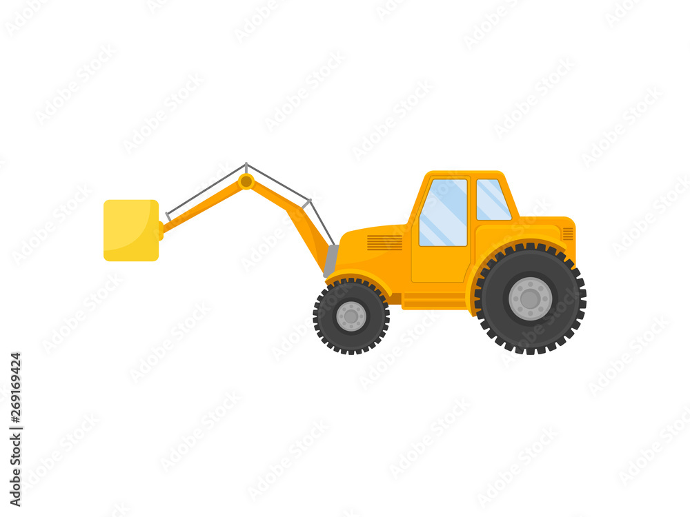 Yellow tractor on big wheels. Vector illustration on white background.