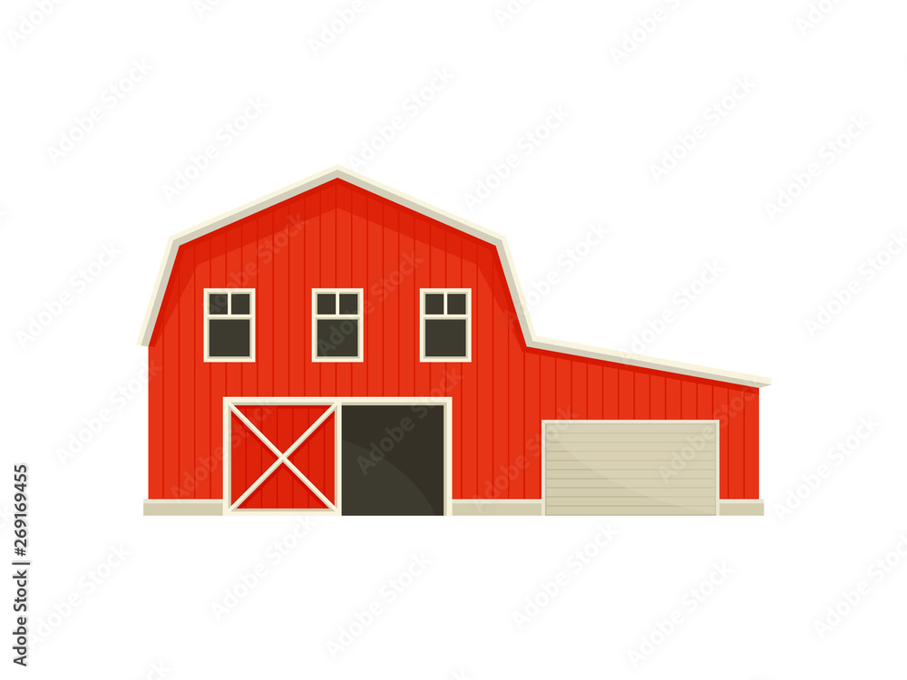Large red barn near the garage. Vector illustration on white background. Large red barn near the garage. Vector illustration on white background.