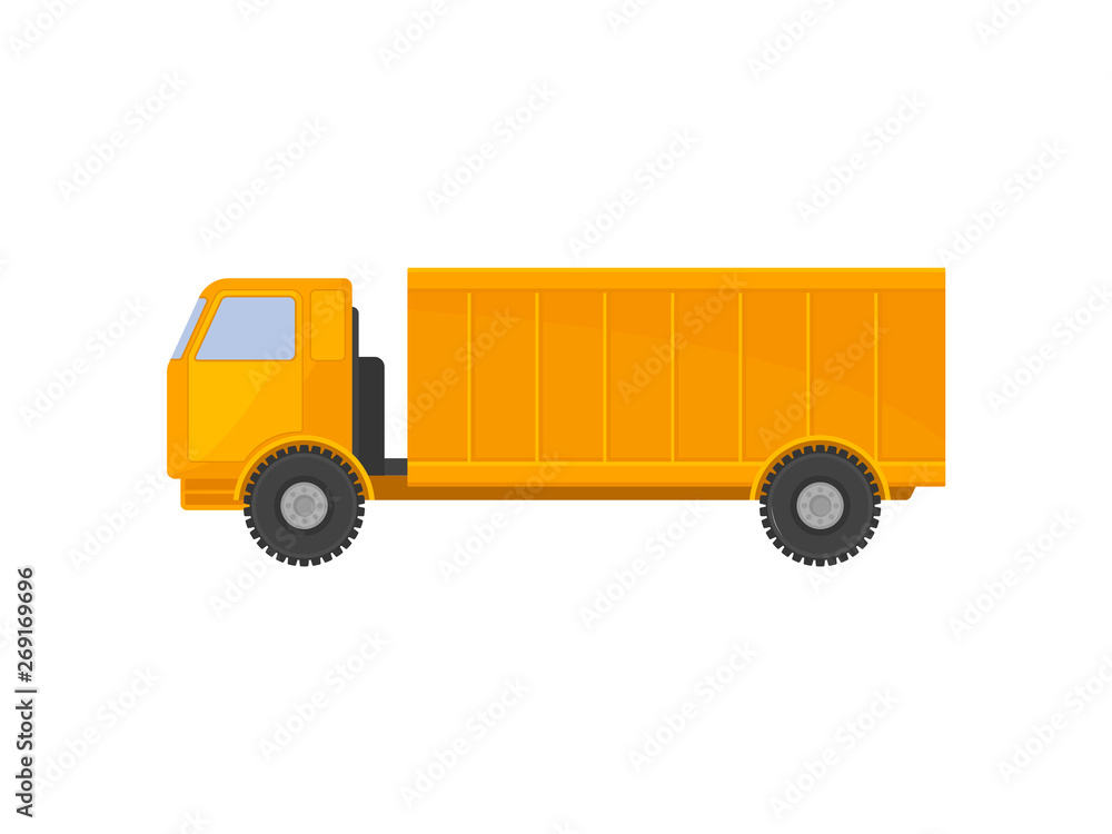 Yellow truck with a body. Vector illustration on white background.